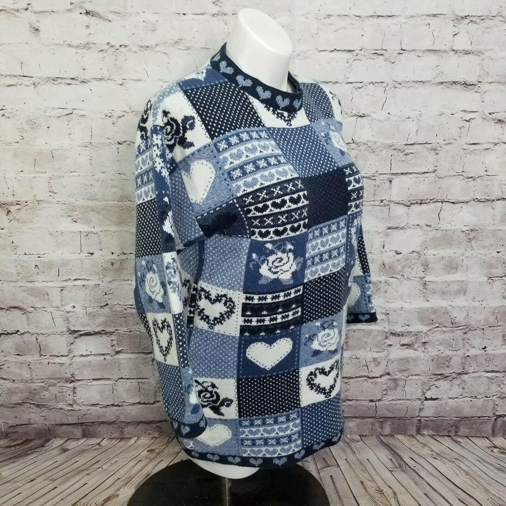 Vintage 90s Grace L Patchwork Sweater Hearts Roses Blue Knit Cottagecore Kitsch - Picture 6 of 9